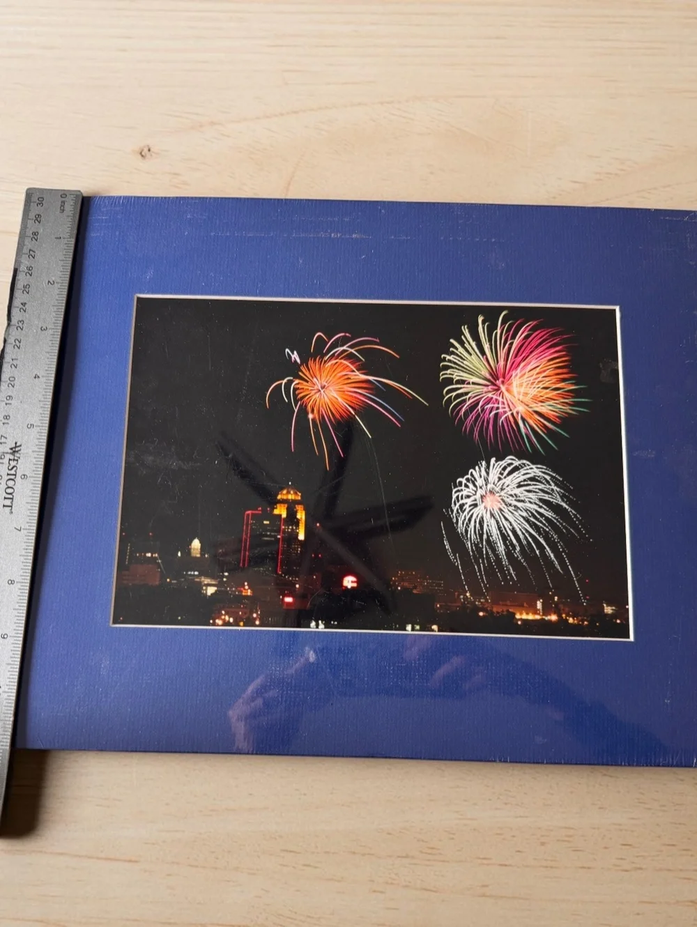 Fireworks Over City Skyline Matted Photograph Blue Mat 10x12 Wall Art